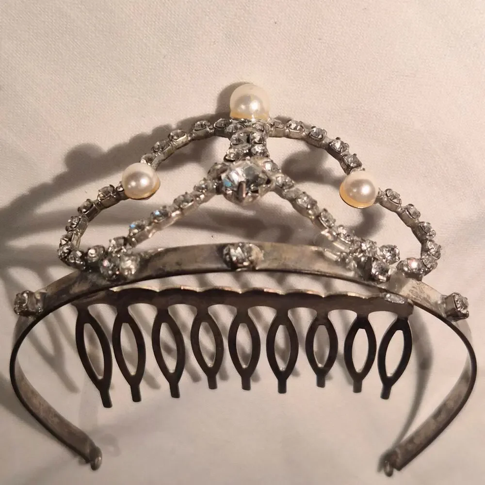 Vintage Y2K Rhinestone‎ Pearl Tiara Hair Comb Princess Fairycore Bridal Crown